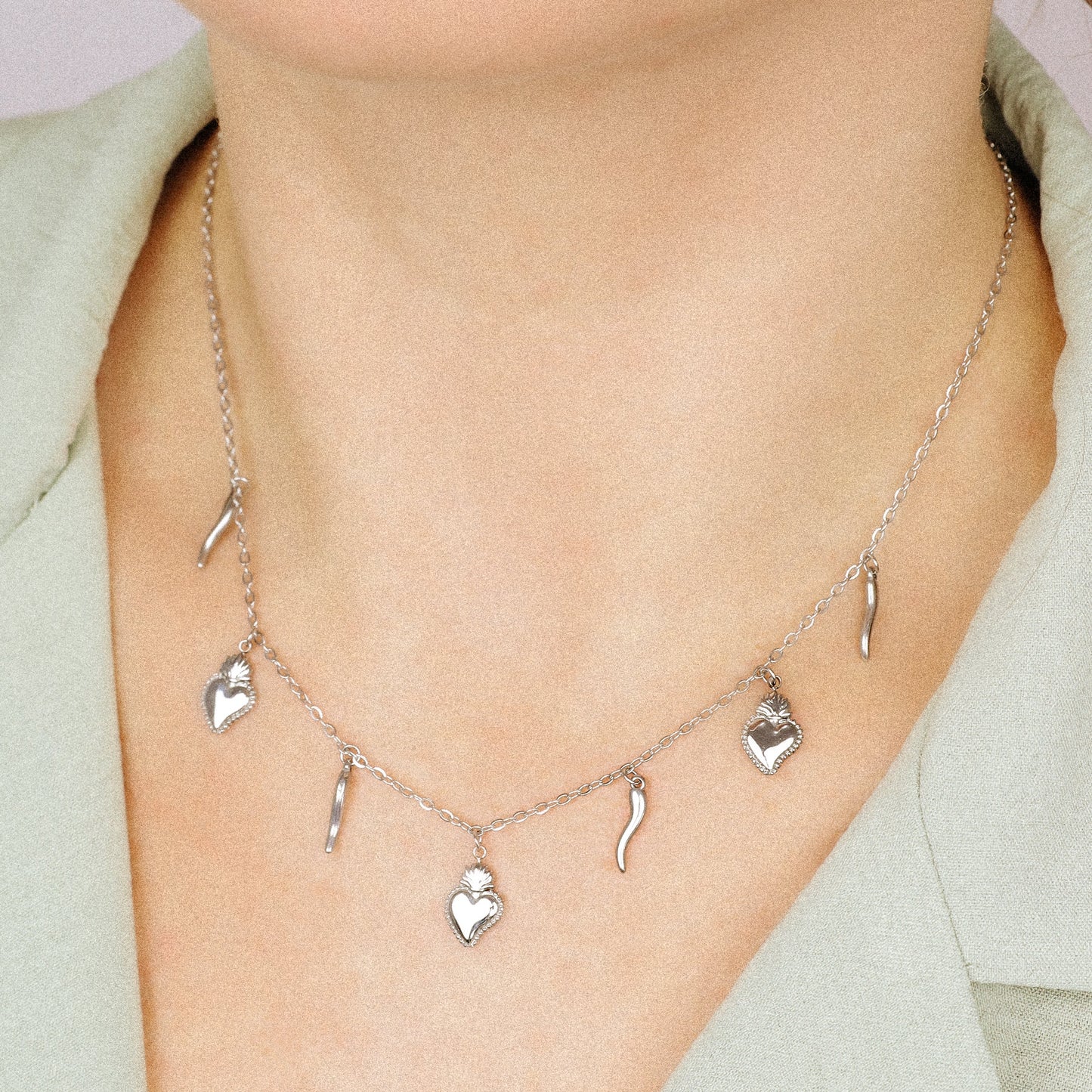 Italian Lucky Horn Necklace, Flaming Sacred Heart Necklace, Italy Corno Cornicello Necklace, Flaming Sacred Heart Necklace, BYSDMJEWELS