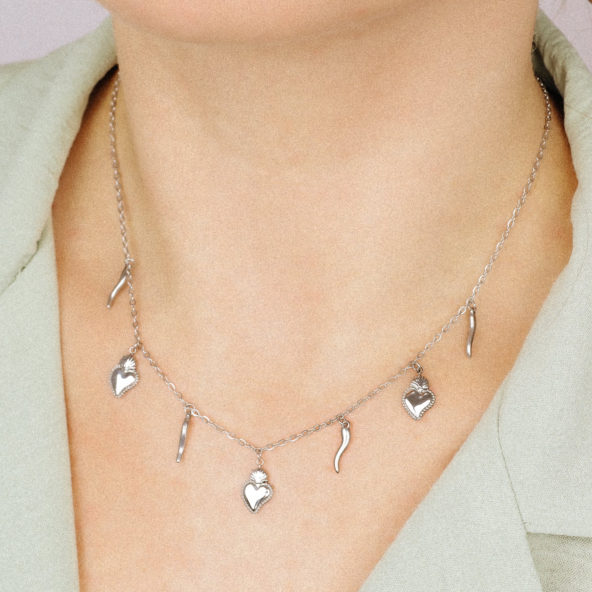 Italian Lucky Horn Necklace, Flaming Sacred Heart Necklace, Italy Corno Cornicello Necklace, Flaming Sacred Heart Necklace, BYSDMJEWELS