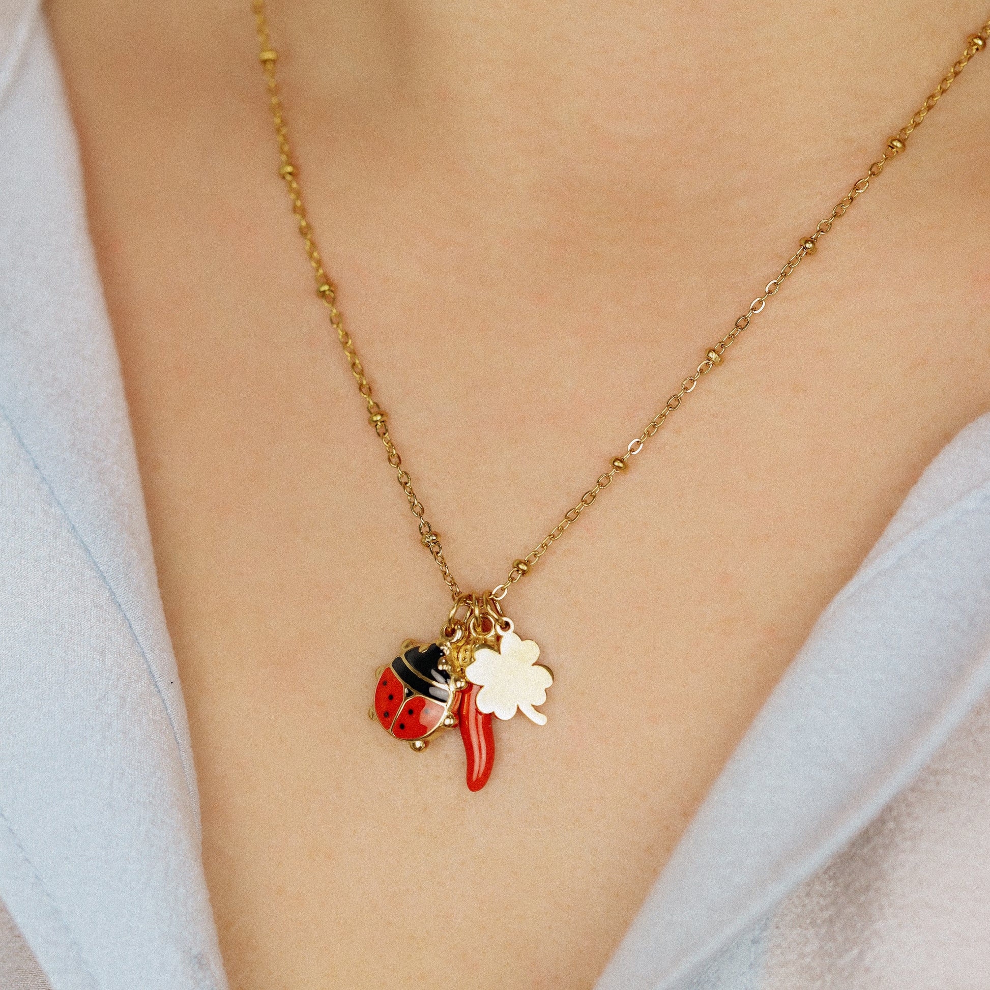 Italian Horn Necklace: Good Luck Clover, Ladybug, Cornicello Amulet