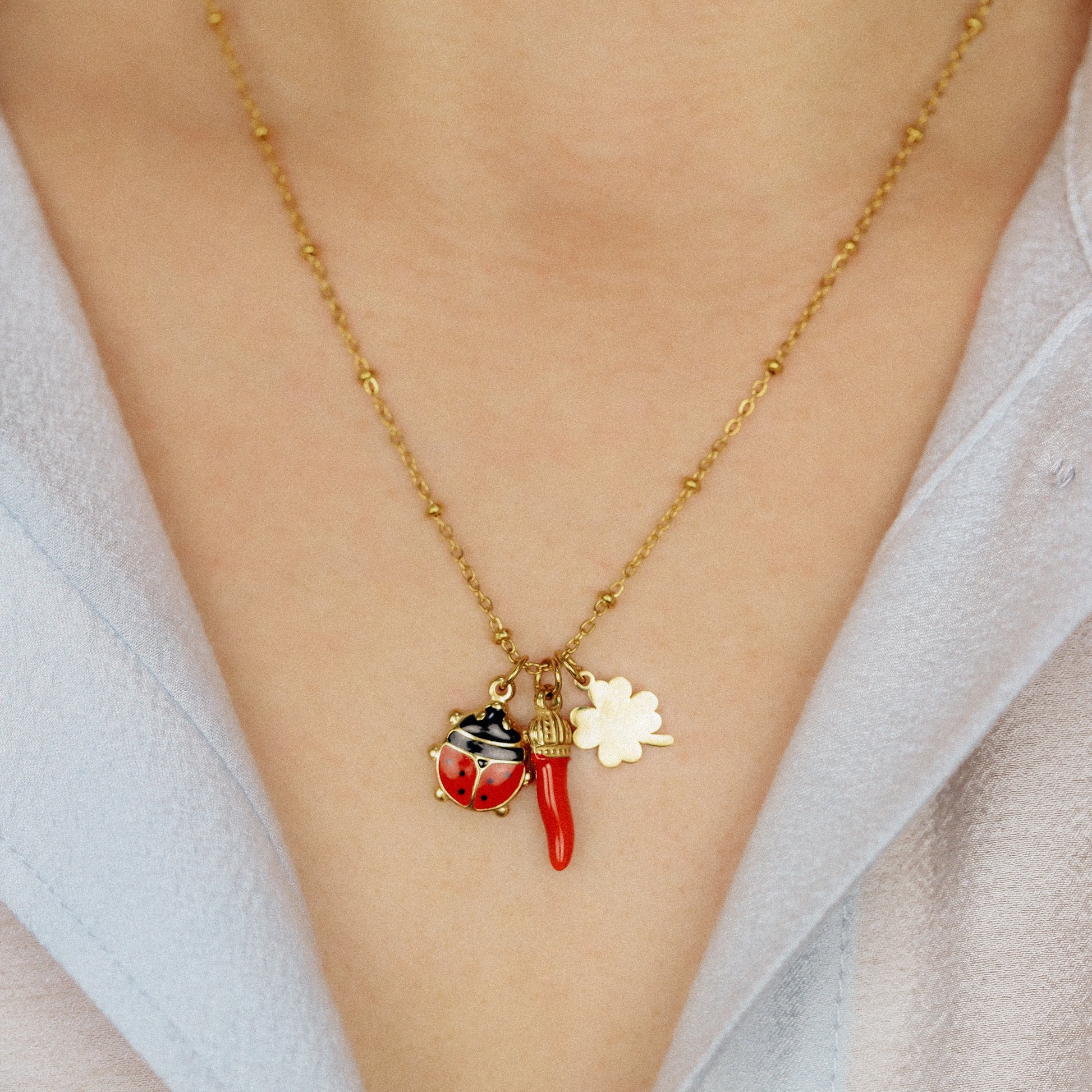 Italian Horn Necklace: Good Luck Clover, Ladybug, Cornicello Amulet