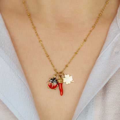Italian Horn Necklace: Good Luck Clover, Ladybug, Cornicello Amulet