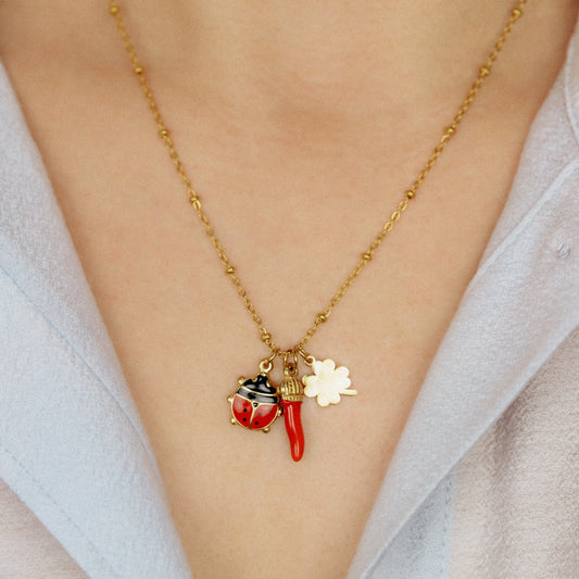 Italian Horn Necklace: Good Luck Clover, Ladybug, Cornicello Amulet