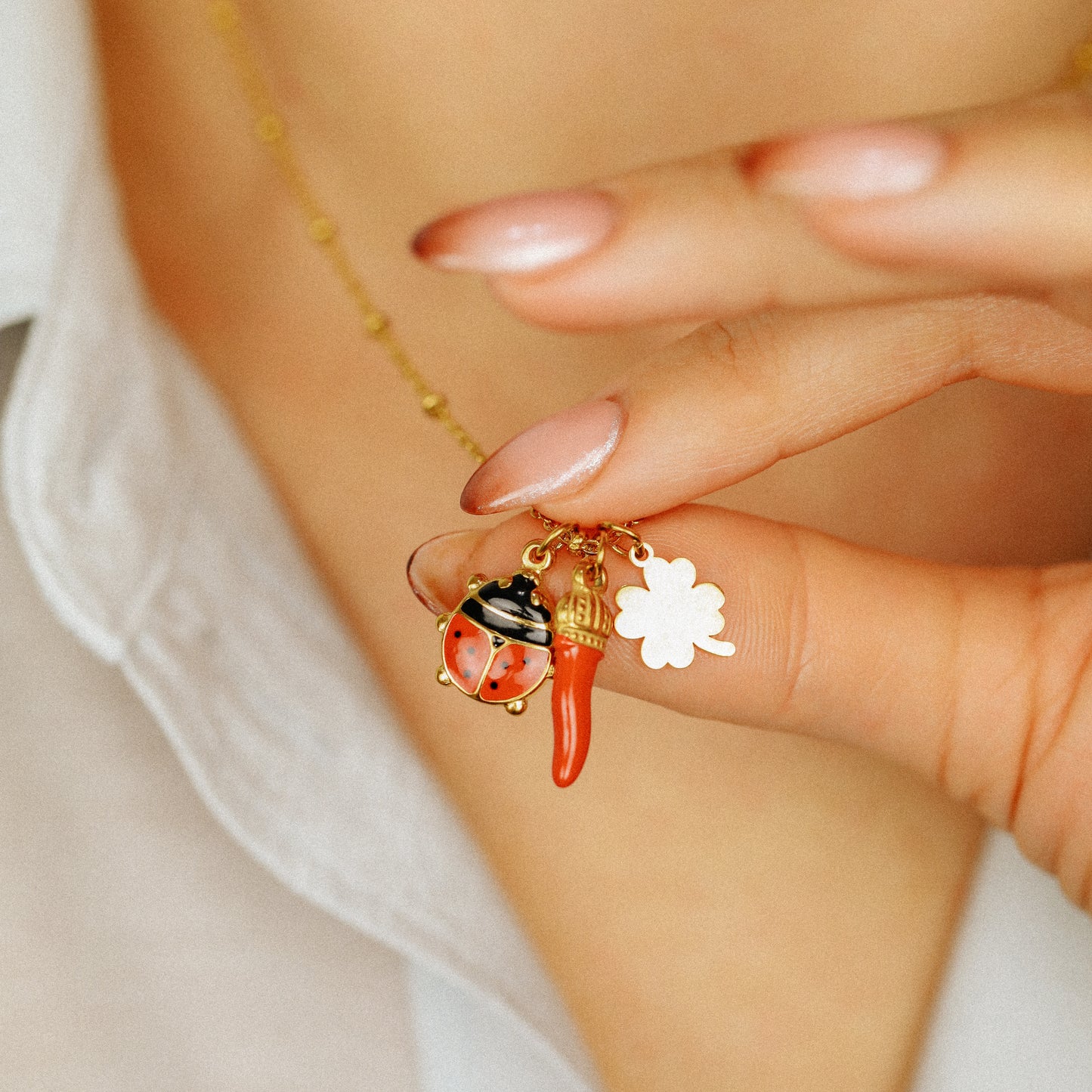 Italian Horn Necklace: Good Luck Clover, Ladybug, Cornicello Amulet