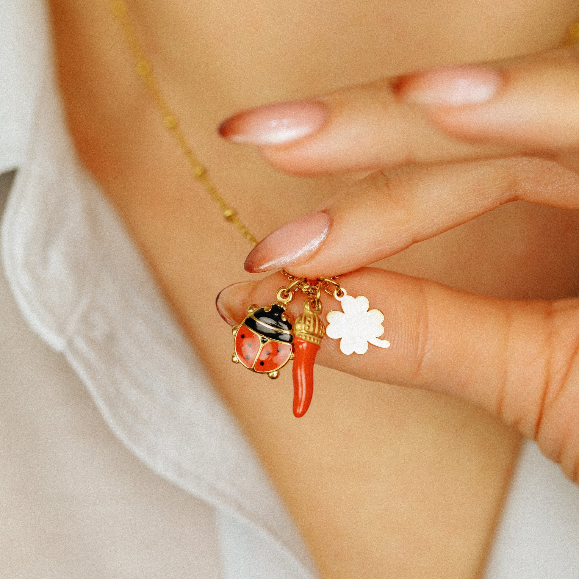 Italian Horn Necklace: Good Luck Clover, Ladybug, Cornicello Amulet