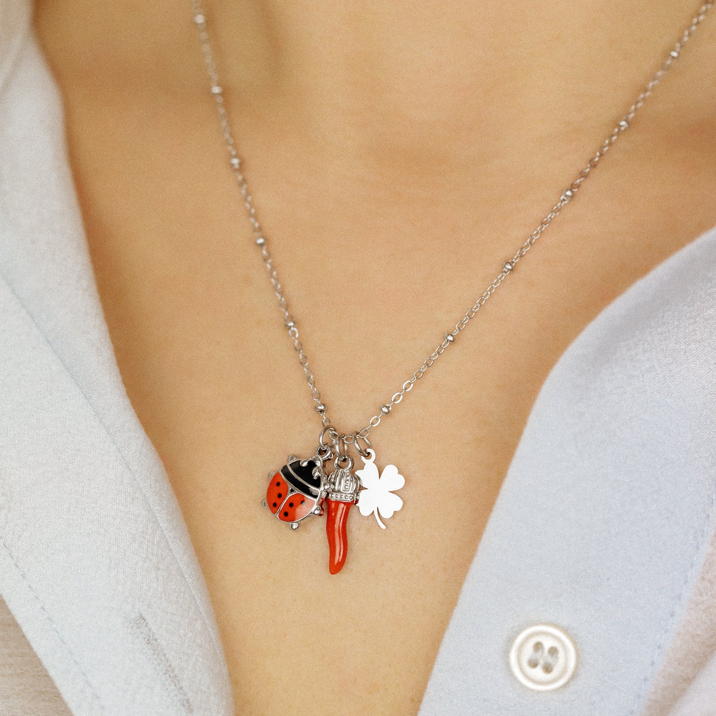 Italian Horn Necklace: Good Luck Clover, Ladybug, Cornicello Amulet