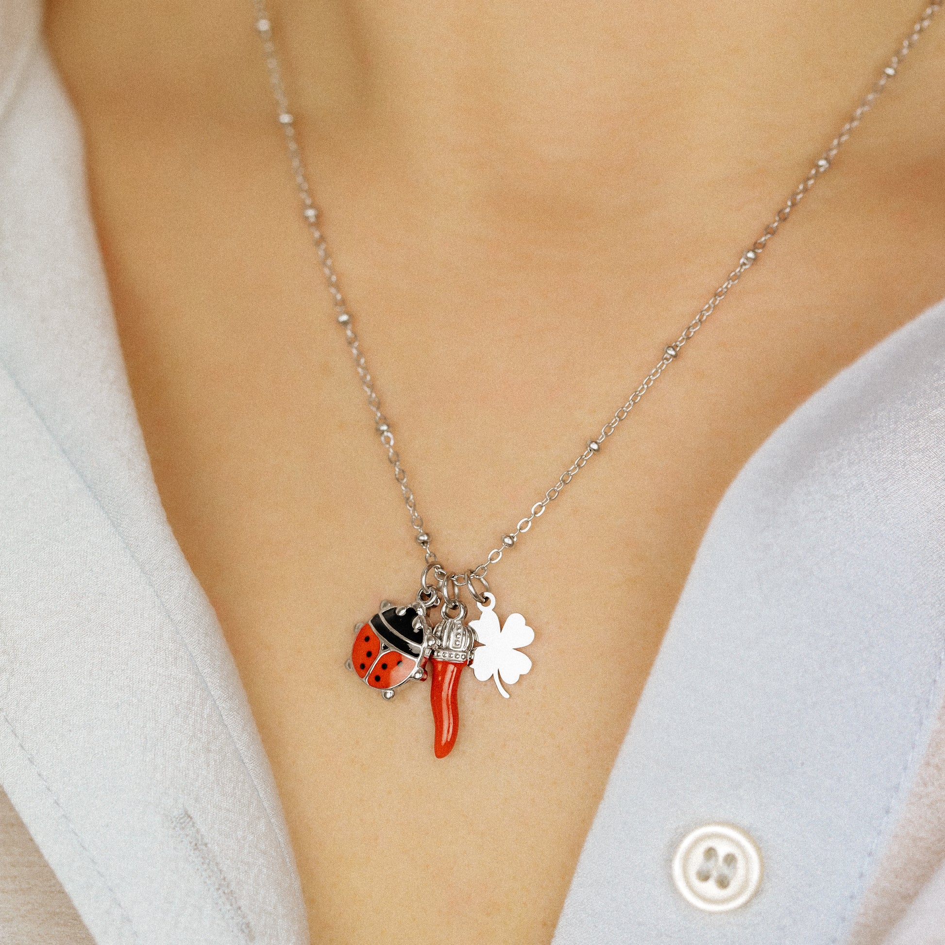 Italian Horn Necklace: Good Luck Clover, Ladybug, Cornicello Amulet