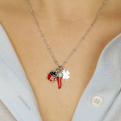 Italian Horn Necklace: Good Luck Clover, Ladybug, Cornicello Amulet