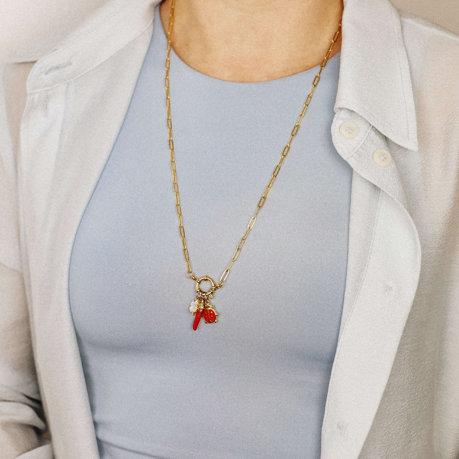 Italian Horn Necklace: Good Luck Clover, Ladybug Charm, Red Cornicello