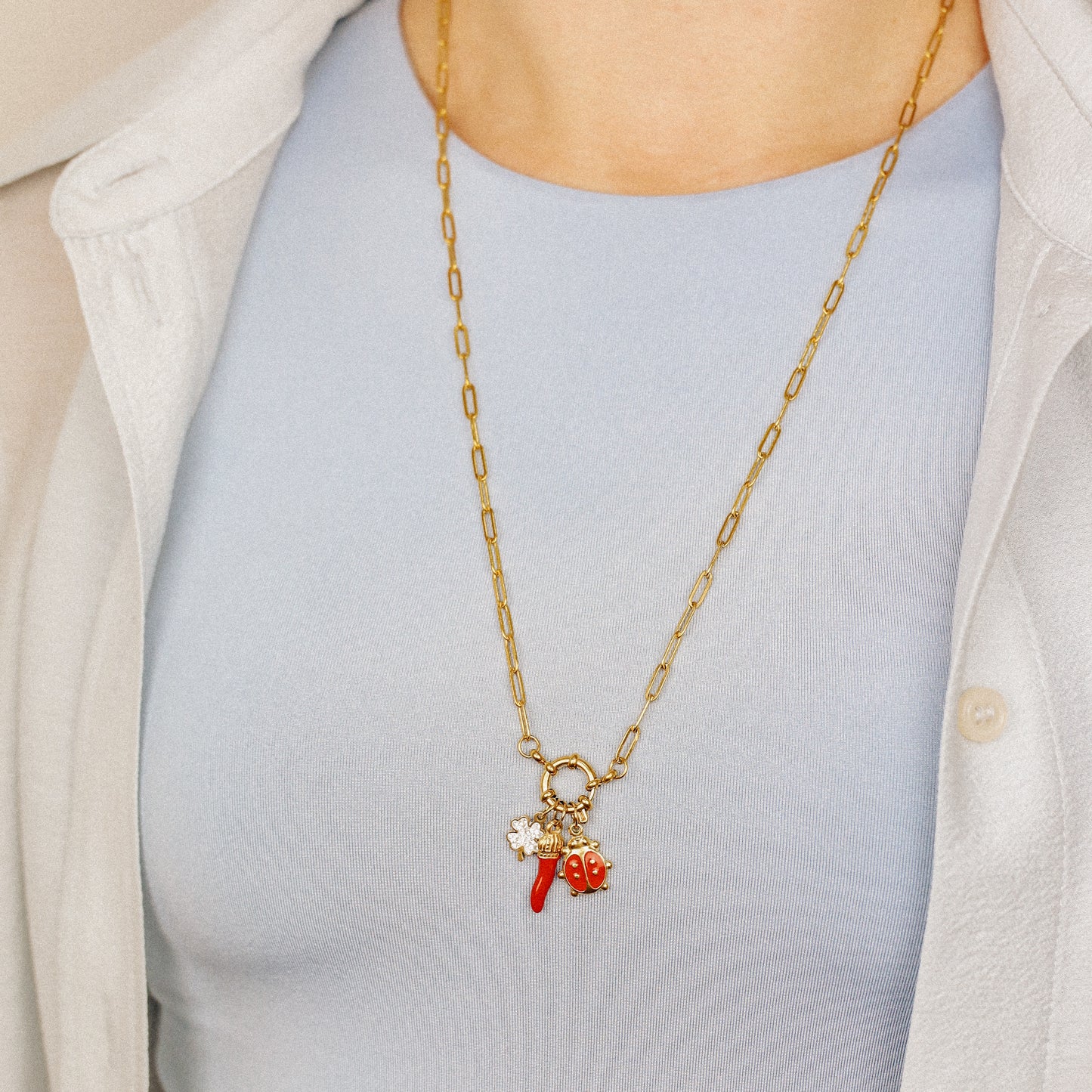 Italian Horn Necklace: Good Luck Clover, Ladybug Charm, Red Cornicello