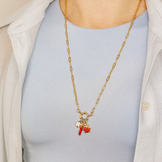 Italian Horn Necklace: Good Luck Clover, Ladybug Charm, Red Cornicello