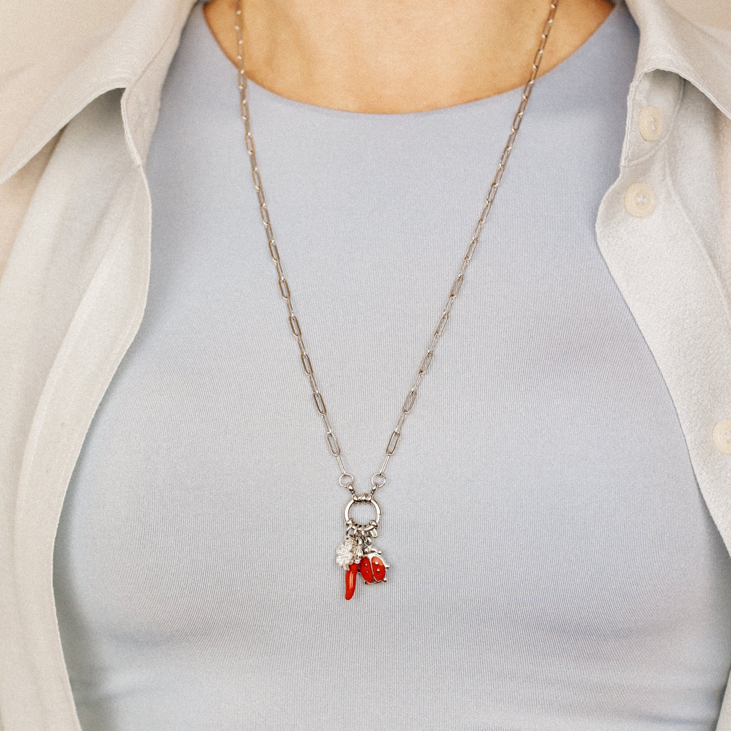 Italian Horn Necklace: Good Luck Clover, Ladybug Charm, Red Cornicello