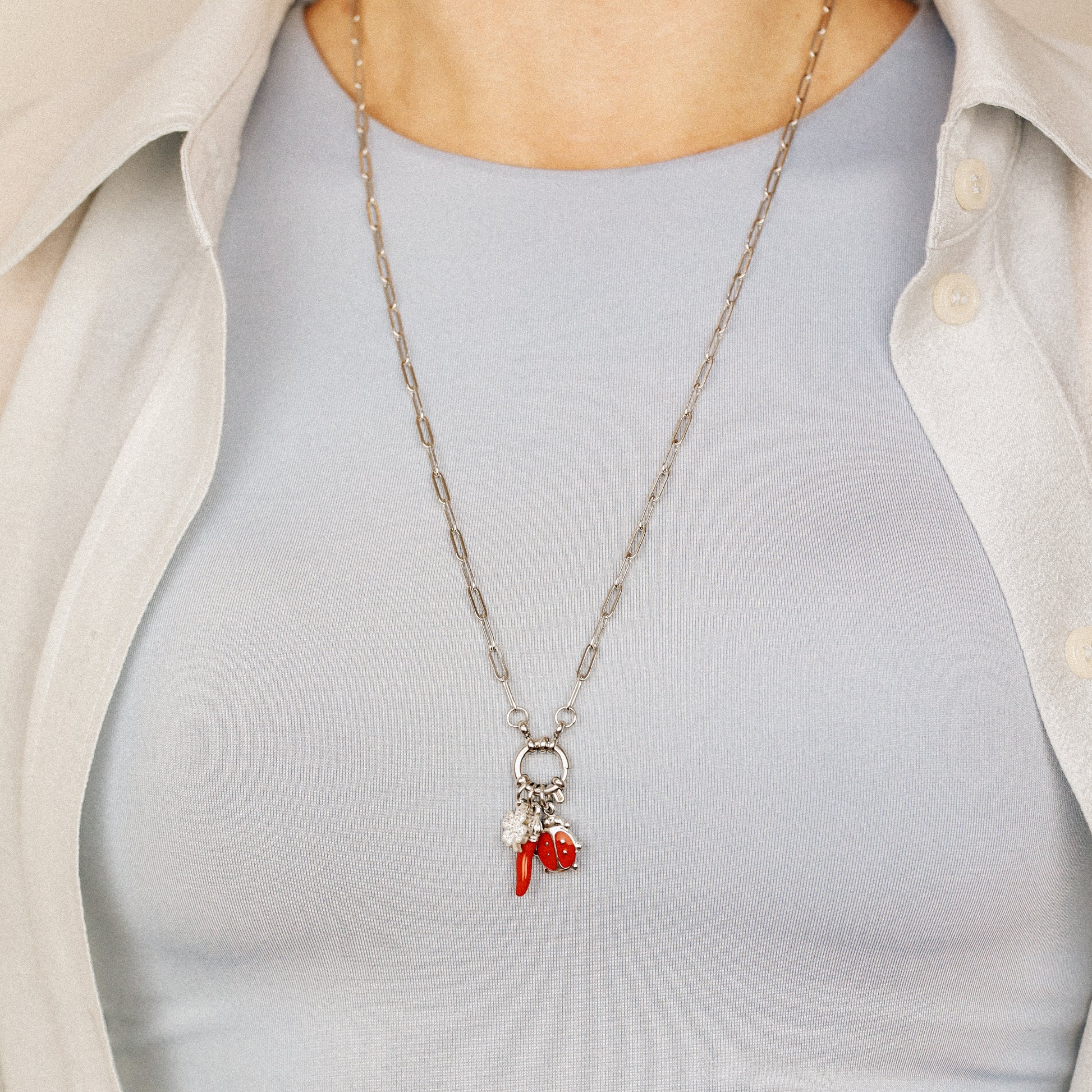 Italian Horn Necklace: Good Luck Clover, Ladybug Charm, Red Cornicello