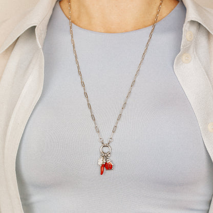 Italian Horn Necklace: Good Luck Clover, Ladybug Charm, Red Cornicello