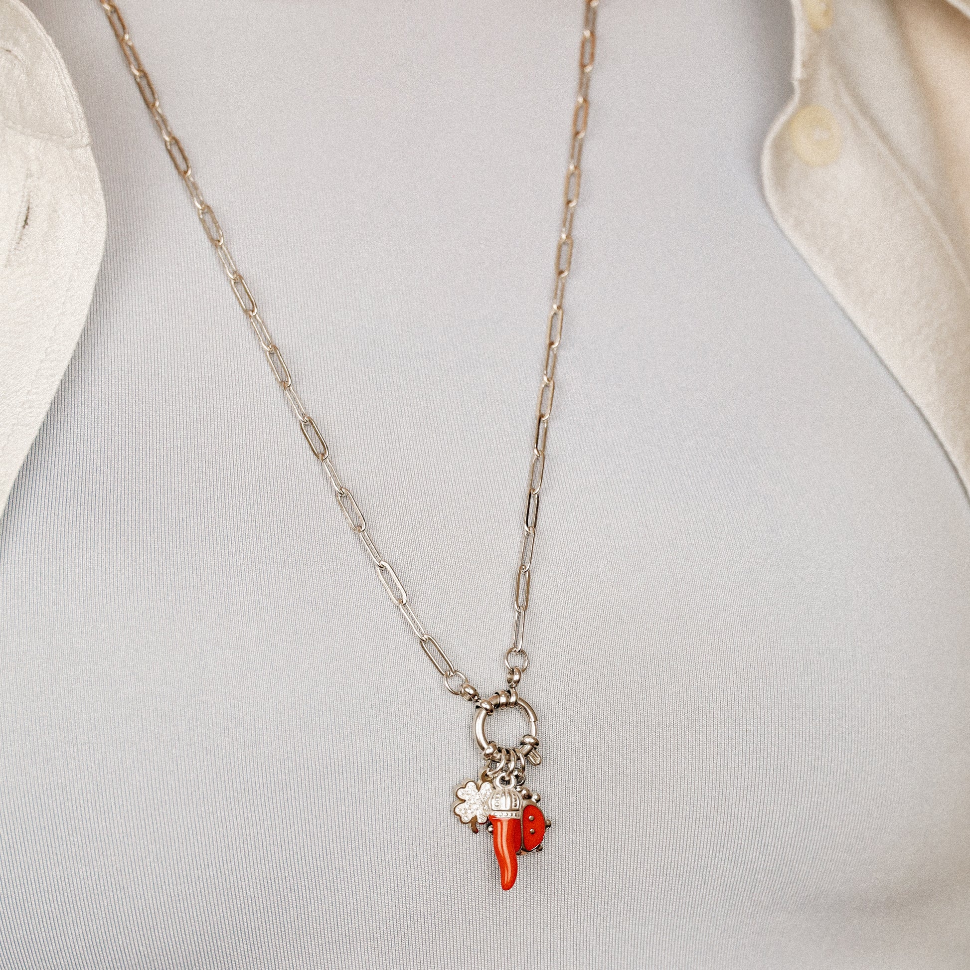 Italian Horn Necklace: Good Luck Clover, Ladybug Charm, Red Cornicello