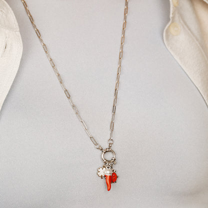 Italian Horn Necklace: Good Luck Clover, Ladybug Charm, Red Cornicello