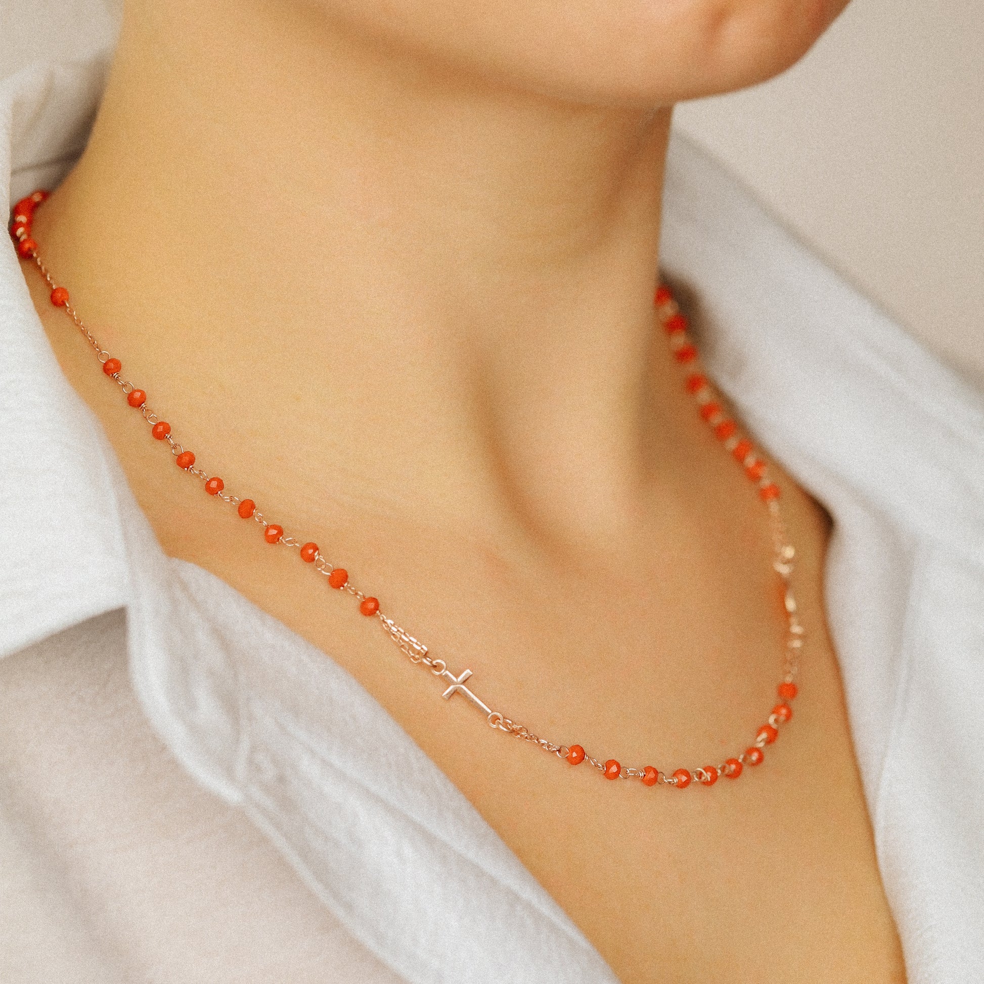 Dainty Red Rosary Necklace: 18K Gold Plated Cross, Sterling Silver