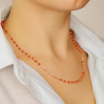 Dainty Red Rosary Necklace: 18K Gold Plated Cross, Sterling Silver