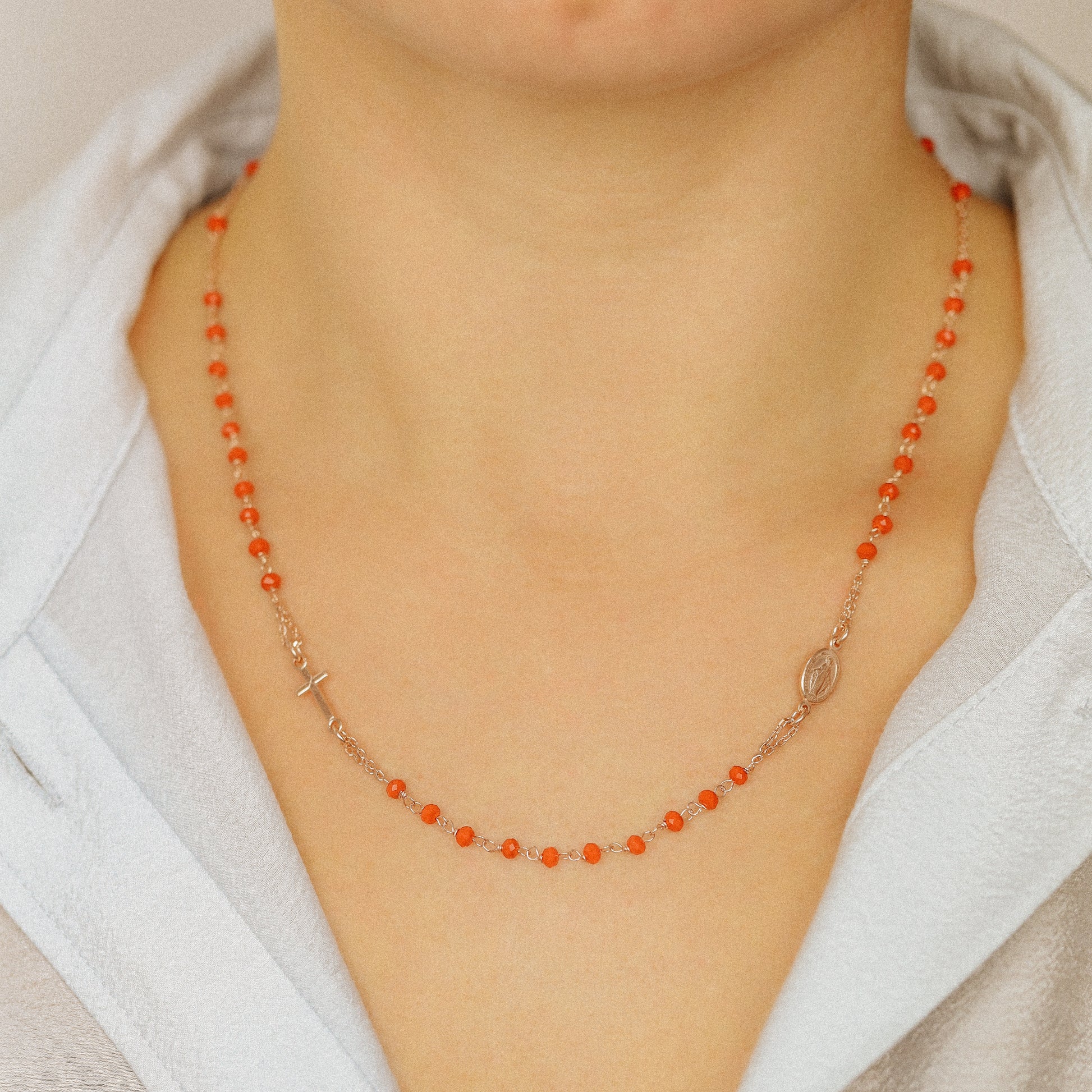 Dainty Red Rosary Necklace: 18K Gold Plated Cross, Sterling Silver
