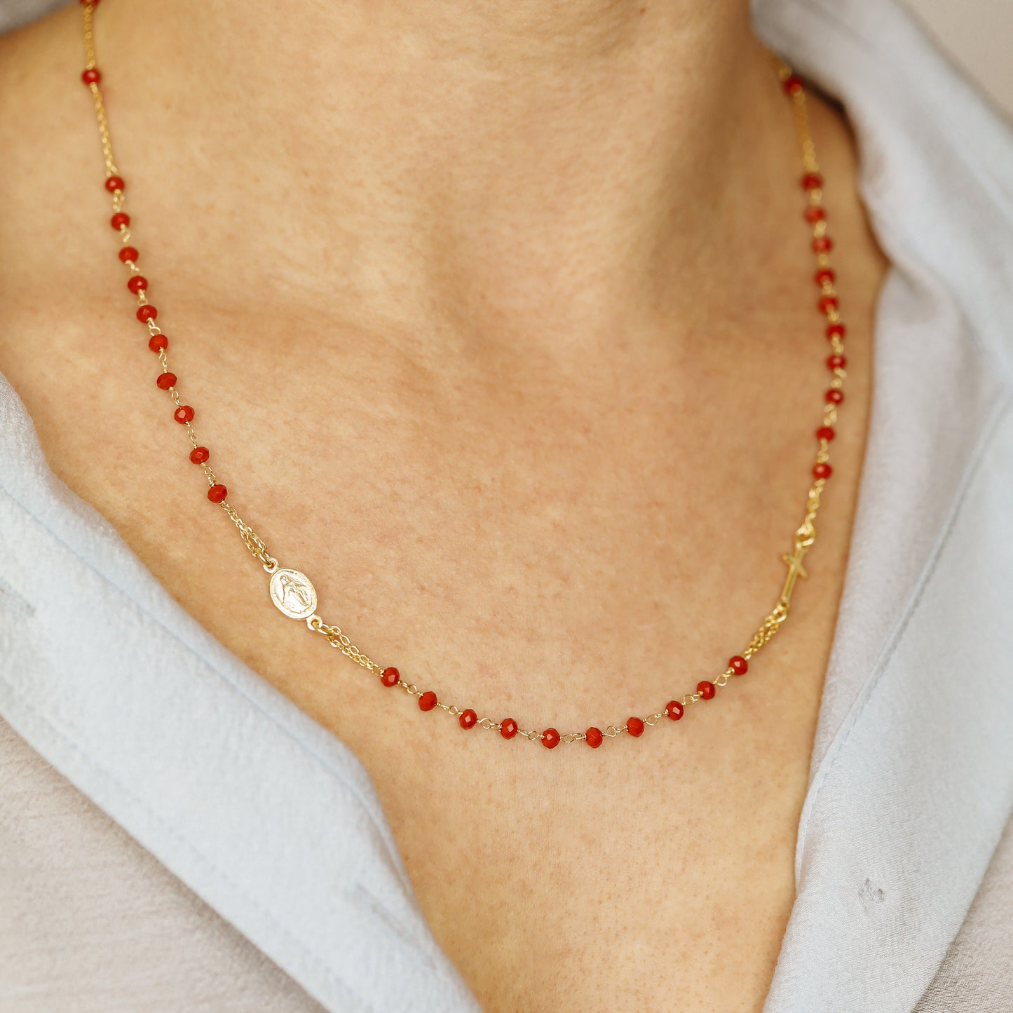 Dainty Red Rosary Necklace, Gold Cross Necklace for Layering, Custom Rosary Jewelry, Personalized Religious Gift bySDMjewels