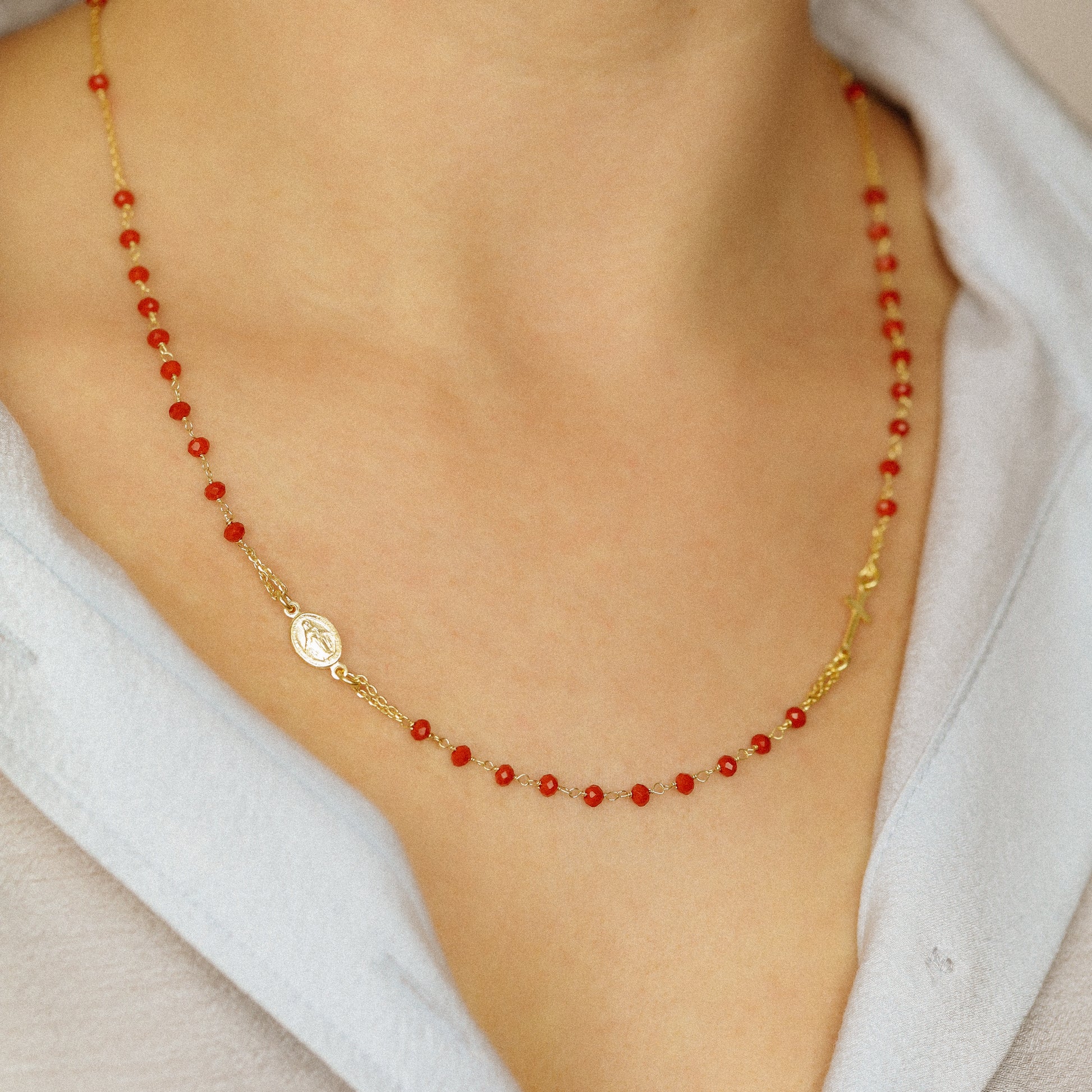 Dainty Red Rosary Necklace: 18K Gold Plated Cross, Sterling Silver