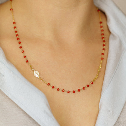 Dainty Red Rosary Necklace: 18K Gold Plated Cross, Sterling Silver