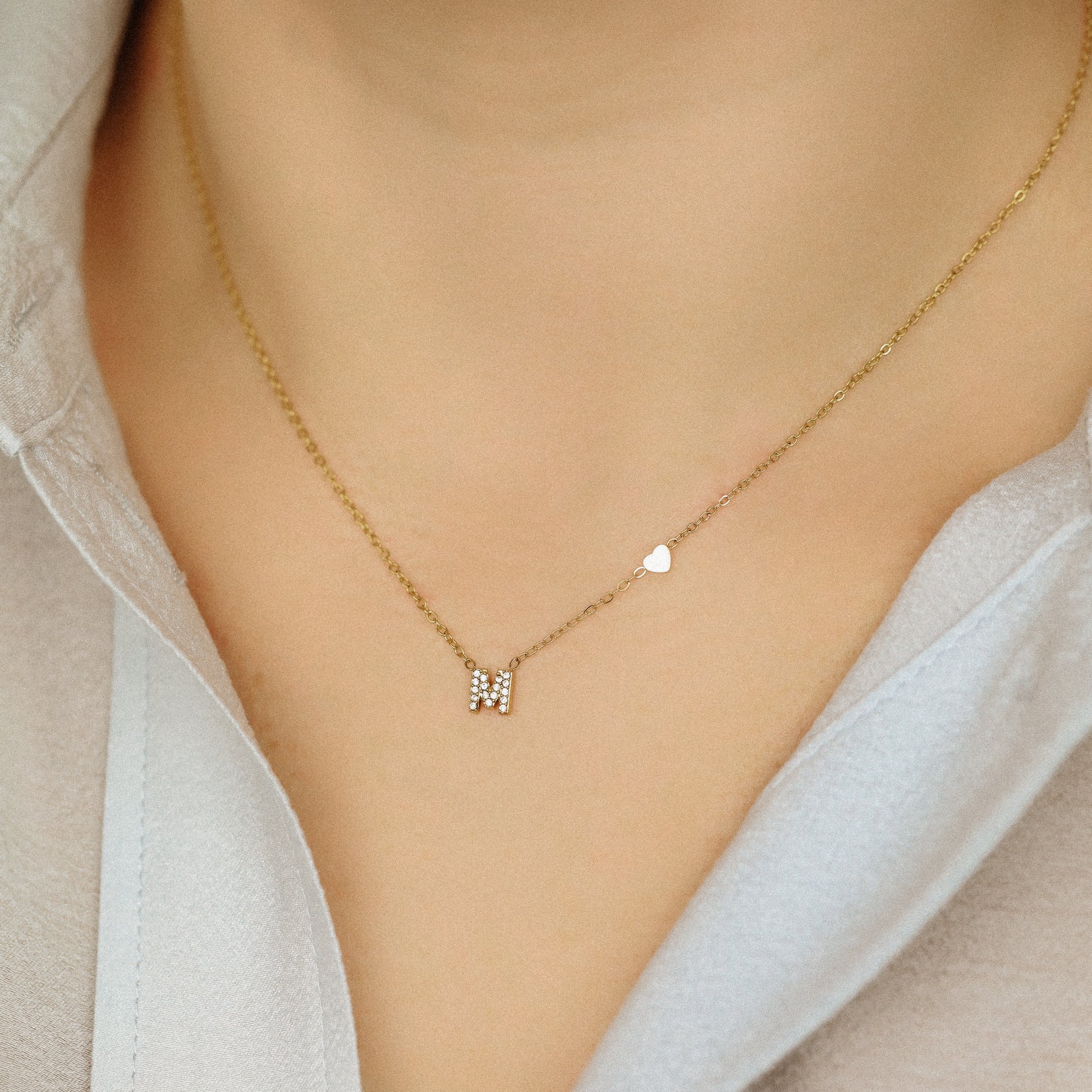 Custom Pave Initial Necklace: Stainless Steel Letter with Heart

