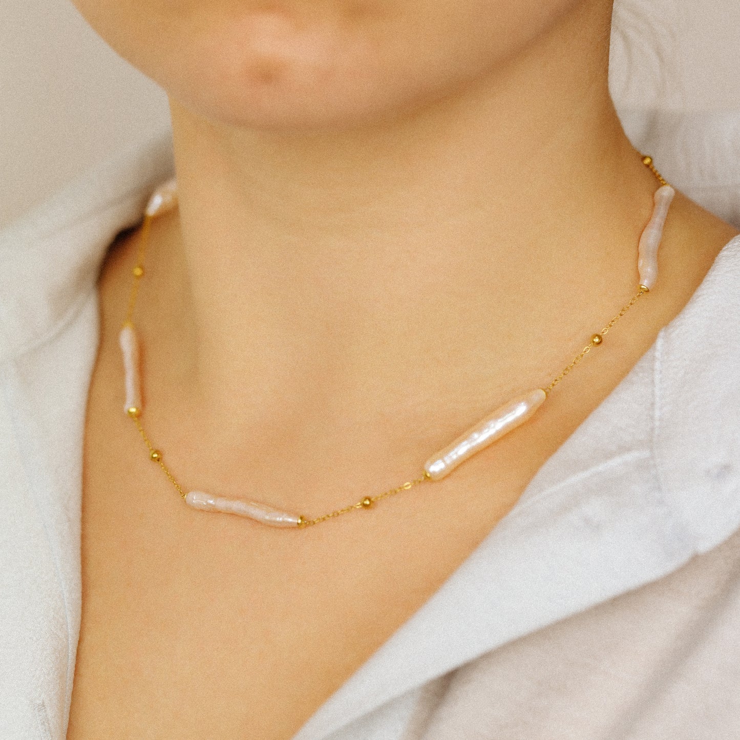 Stainless Steel Freshwater Pearl Station Necklace