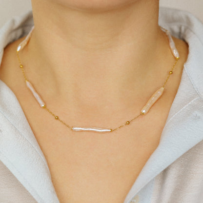 Stainless Steel Freshwater Pearl Station Necklace