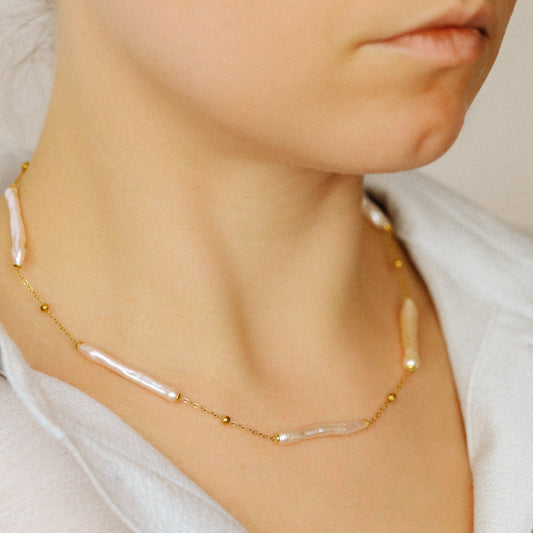 Stainless Steel Freshwater Pearl Station Necklace