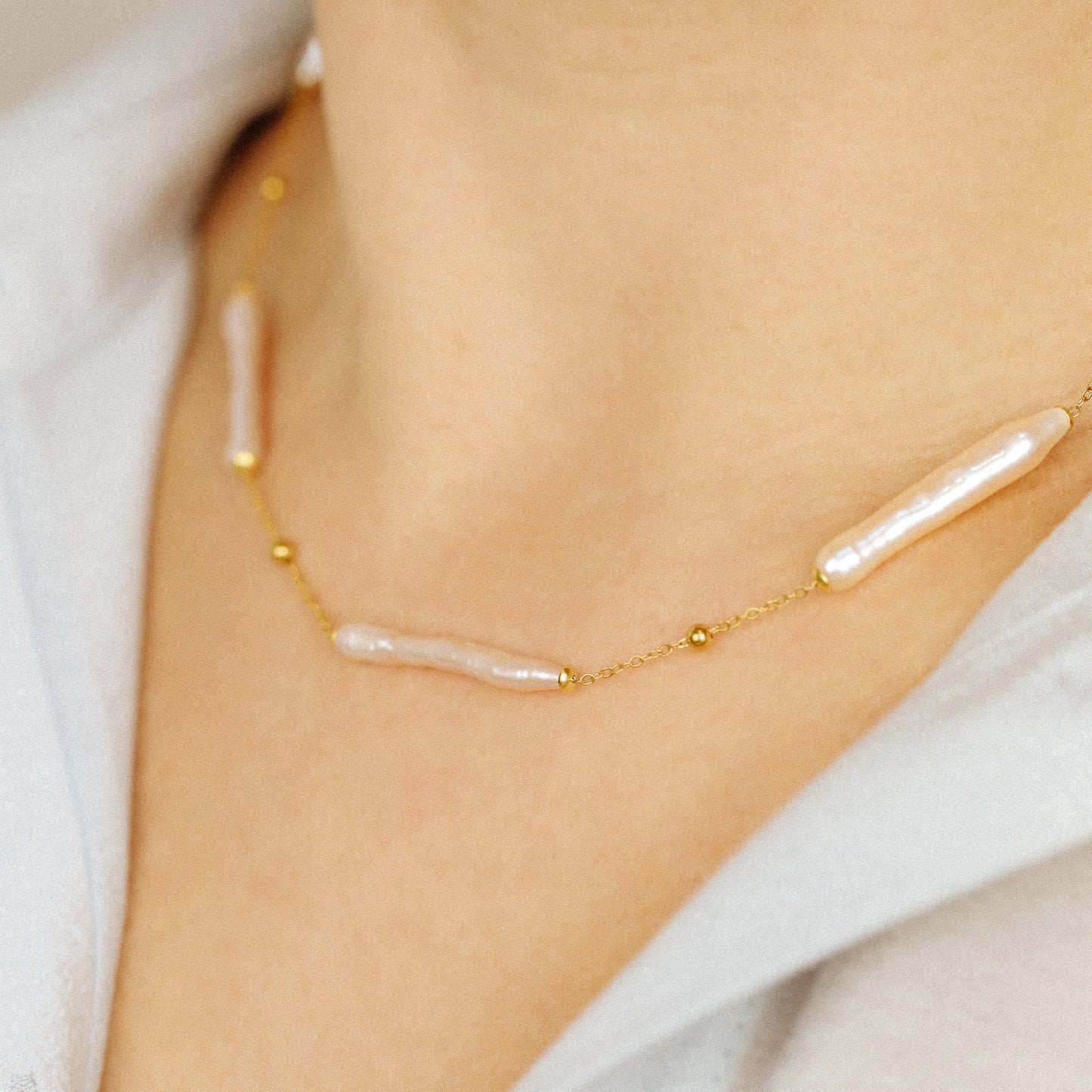 Stainless Steel Freshwater Pearl Station Necklace
