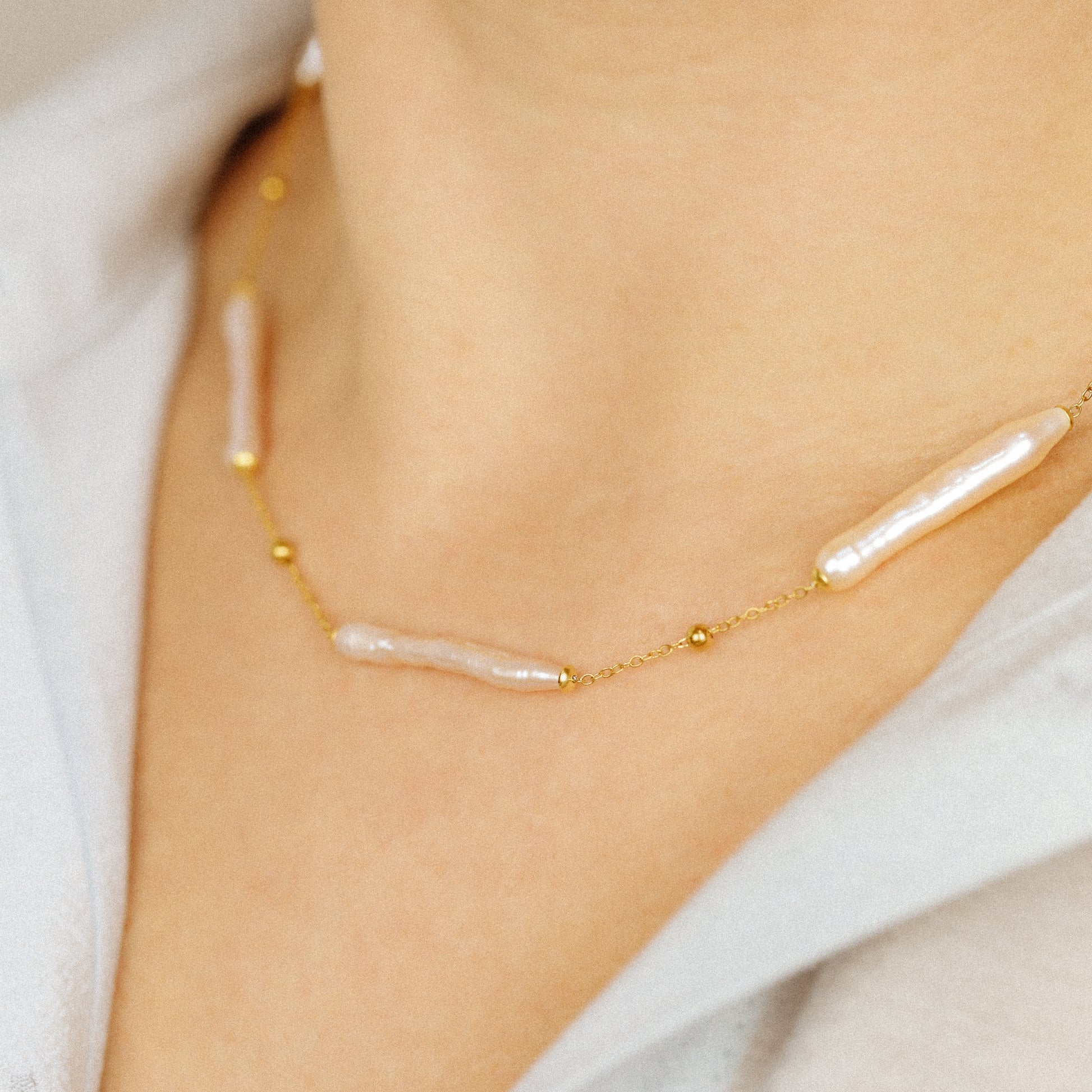 Stainless Steel Freshwater Pearl Station Necklace