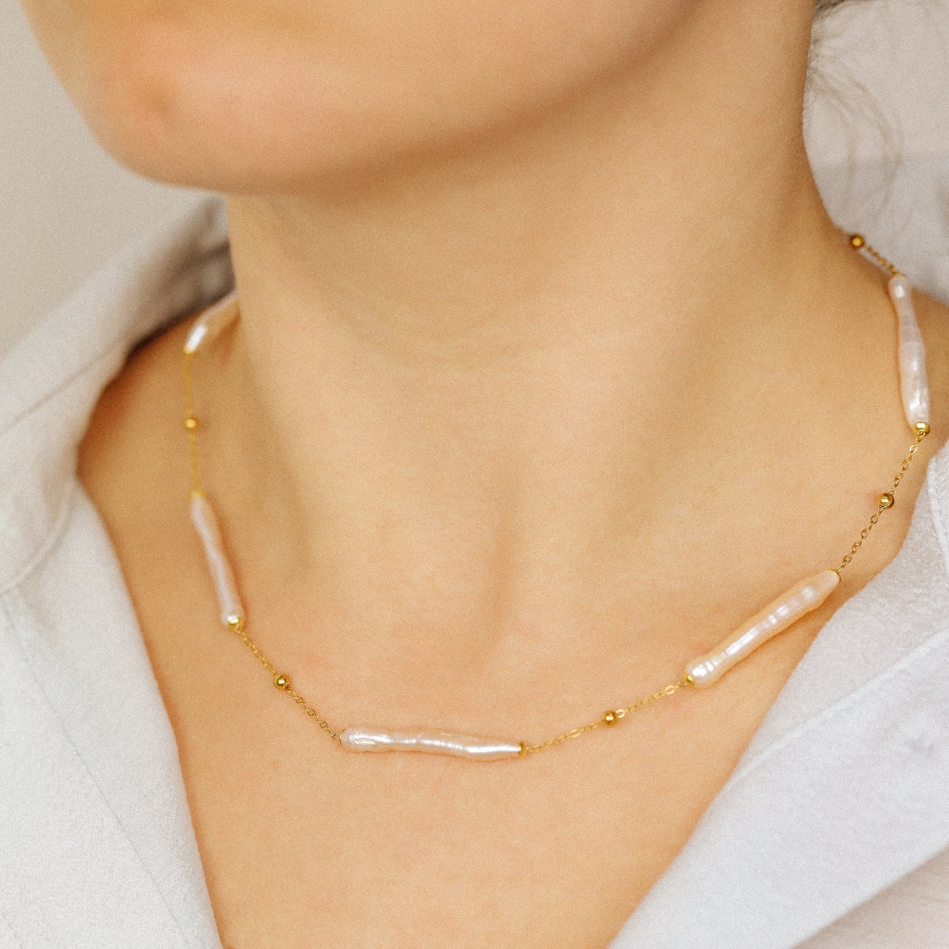 Stainless Steel Freshwater Pearl Station Necklace