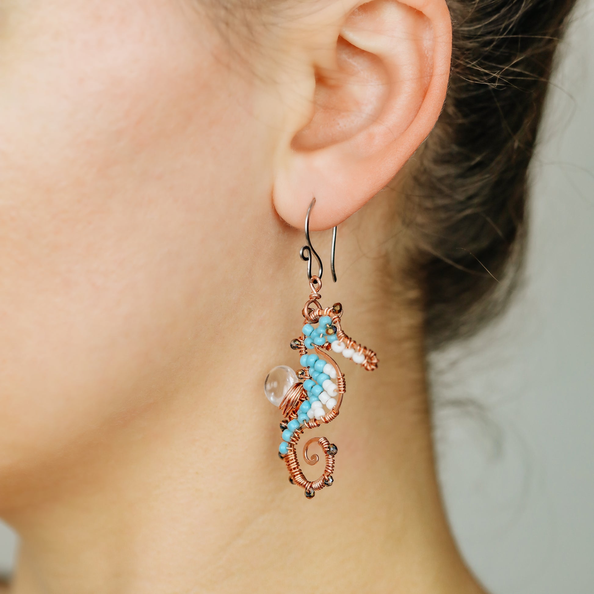 Seahorse Earrings, Dangle Ocean Beach Nautical Sealife, Handmade Wire Wrapped in Copper and Stainless Steel