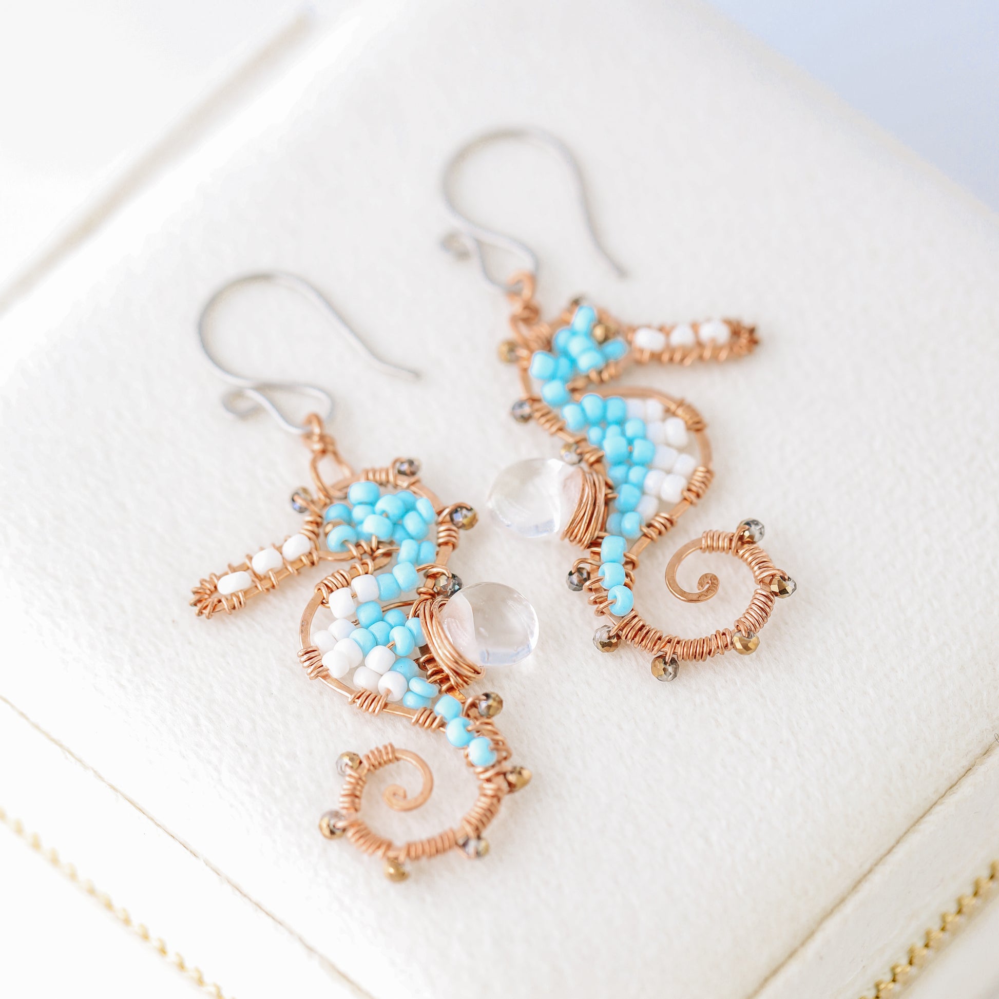 Seahorse Earrings, Dangle Ocean Beach Nautical Sealife, Handmade Wire Wrapped in Copper and Stainless Steel