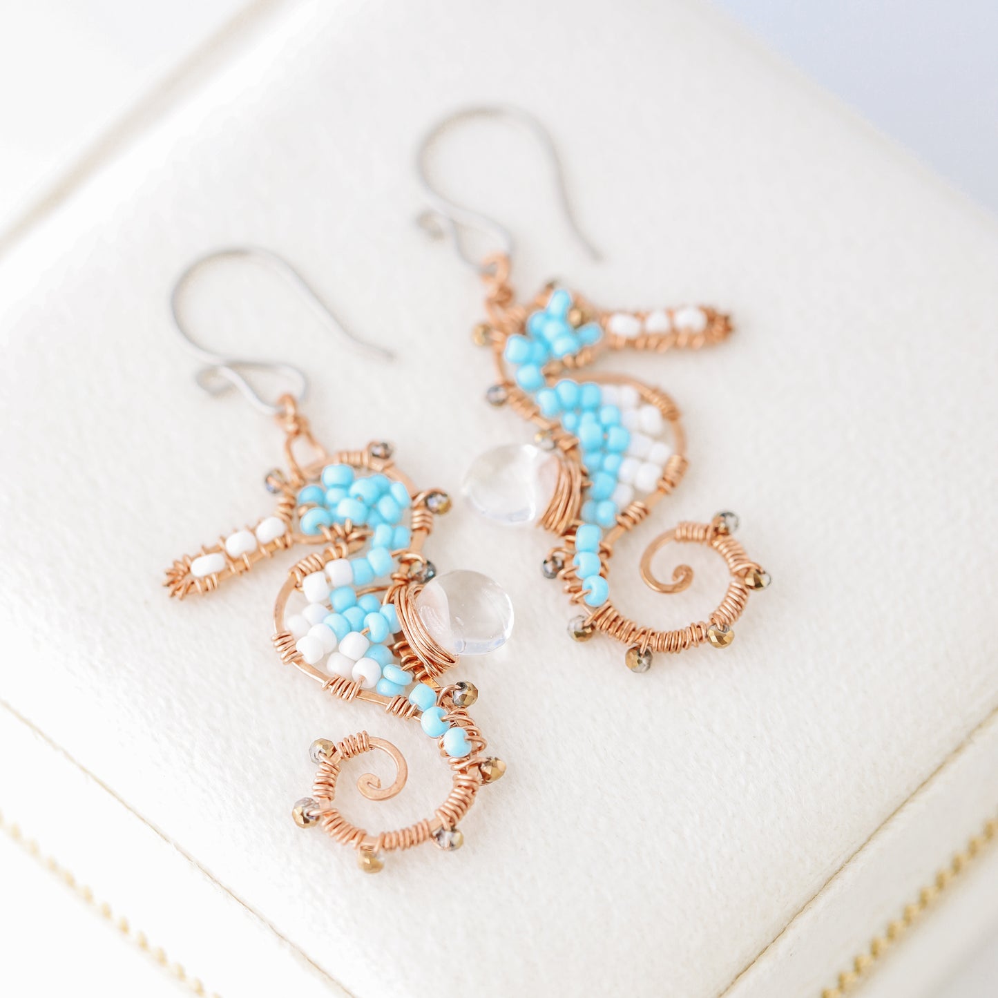 Seahorse Earrings, Dangle Ocean Beach Nautical Sealife, Handmade Wire Wrapped in Copper and Stainless Steel