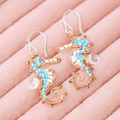 Seahorse Earrings, Dangle Ocean Beach Nautical Sealife, Handmade Wire Wrapped in Copper and Stainless Steel