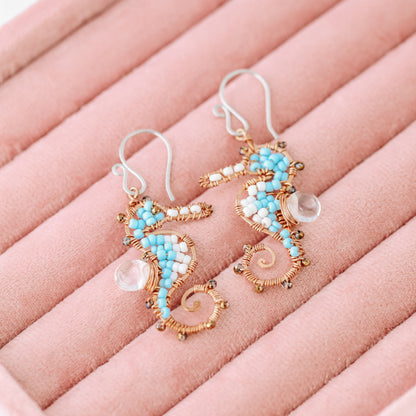 Seahorse Earrings, Dangle Ocean Beach Nautical Sealife, Handmade Wire Wrapped in Copper and Stainless Steel