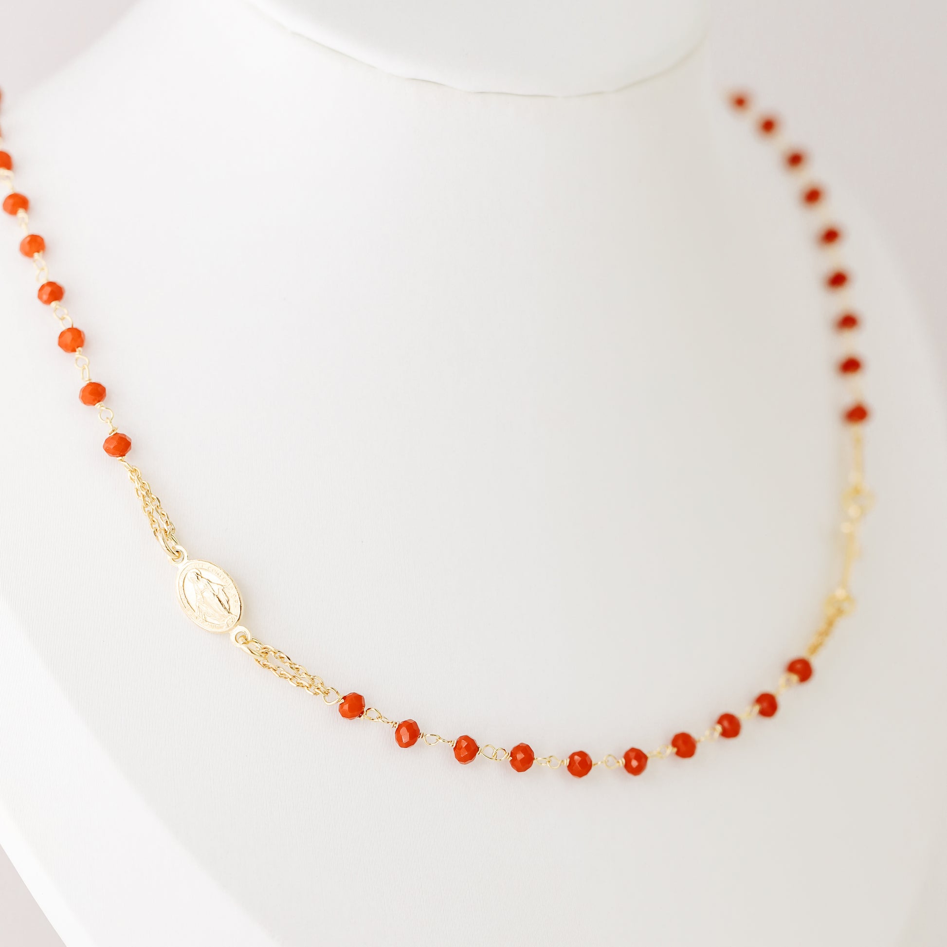 Dainty Red Rosary Necklace: 18K Gold Plated Cross, Sterling Silver