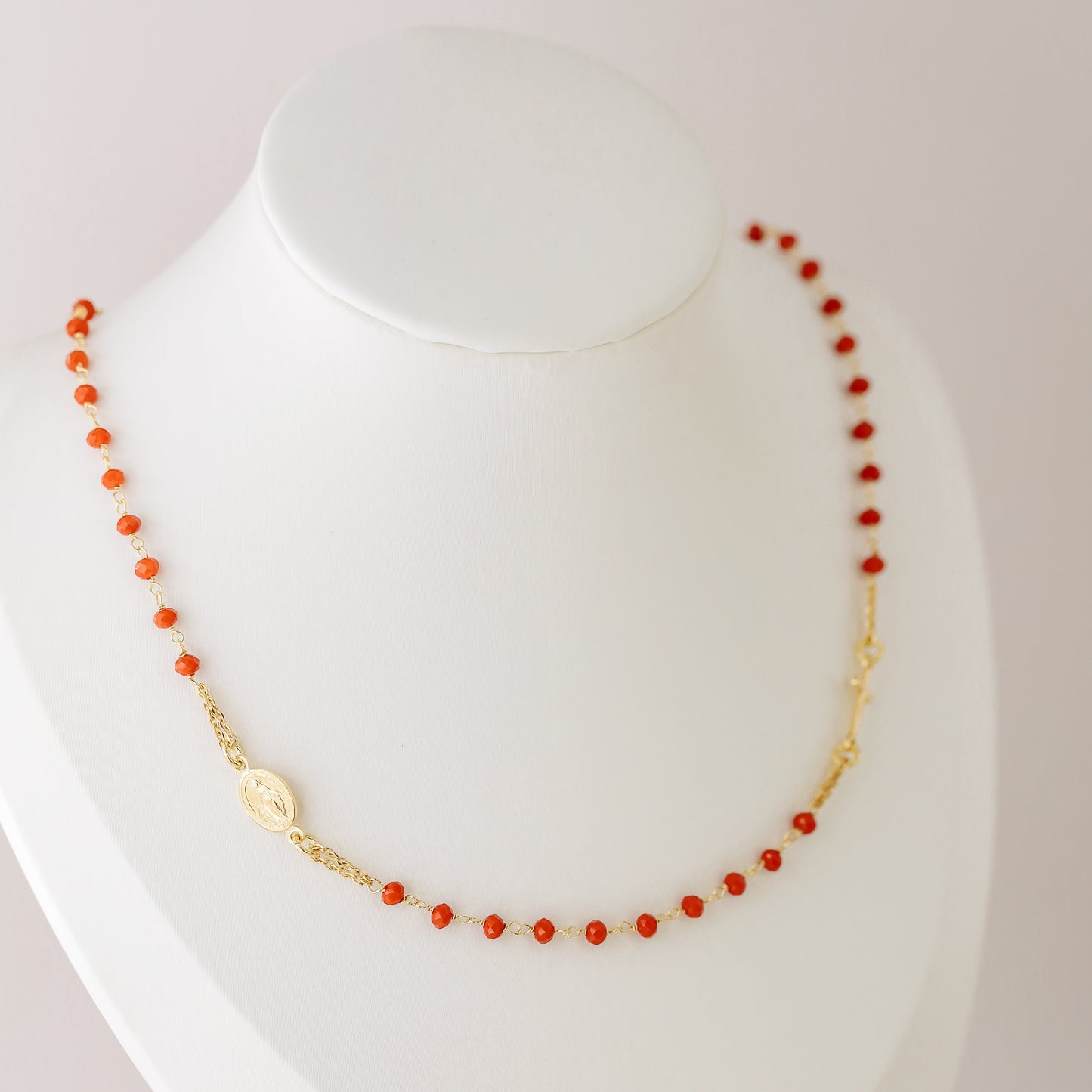 Dainty Red Rosary Necklace: 18K Gold Plated Cross, Sterling Silver