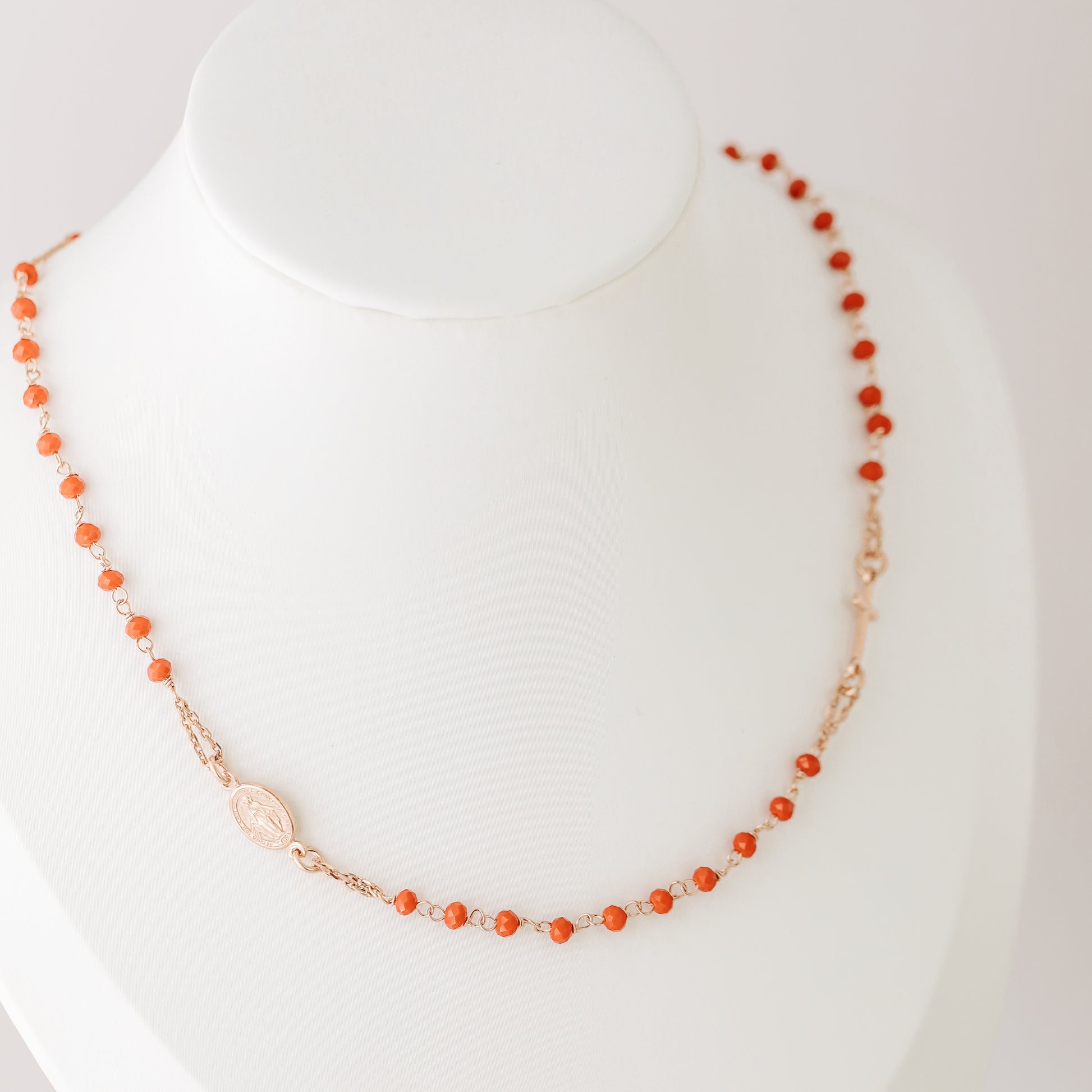 Dainty Red Rosary Necklace: 18K Gold Plated Cross, Sterling Silver