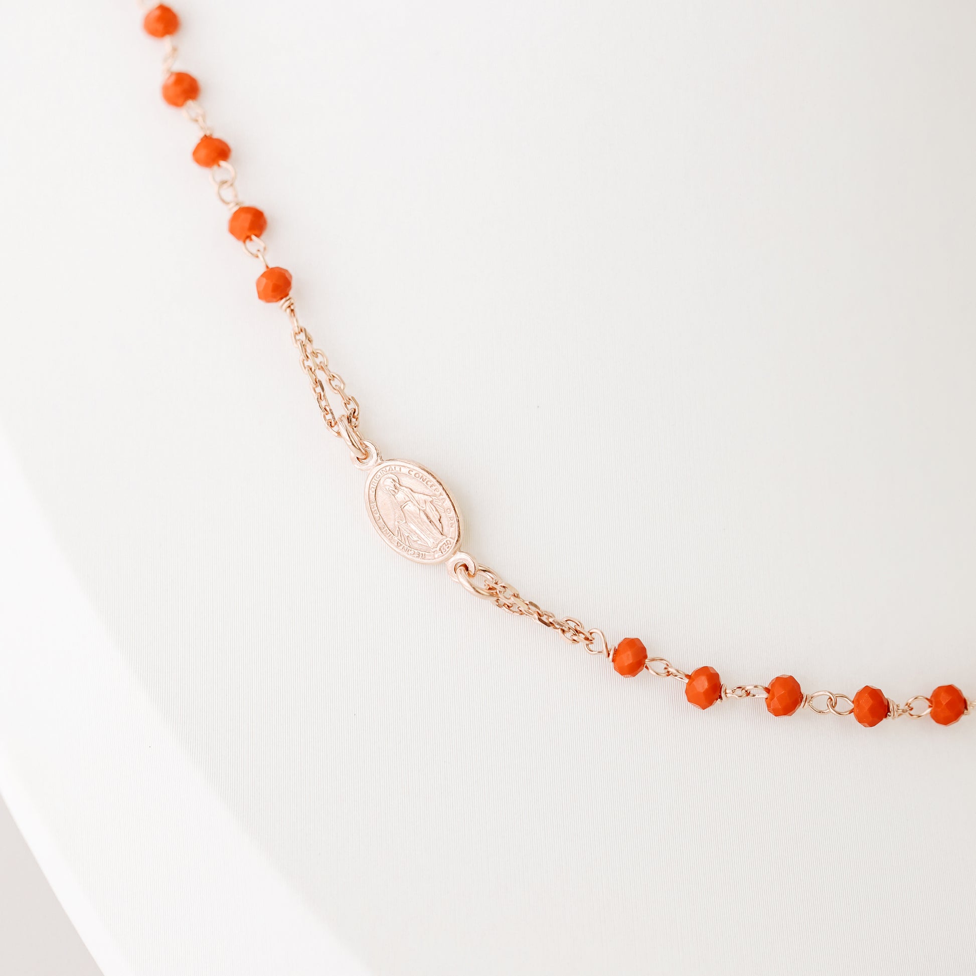 Dainty Red Rosary Necklace: 18K Gold Plated Cross, Sterling Silver