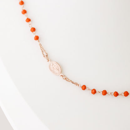 Dainty Red Rosary Necklace: 18K Gold Plated Cross, Sterling Silver