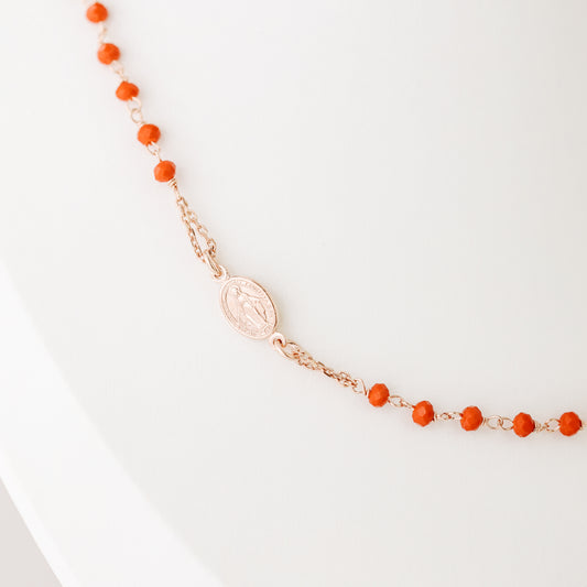 Dainty Red Rosary Necklace: 18K Gold Plated Cross, Sterling Silver