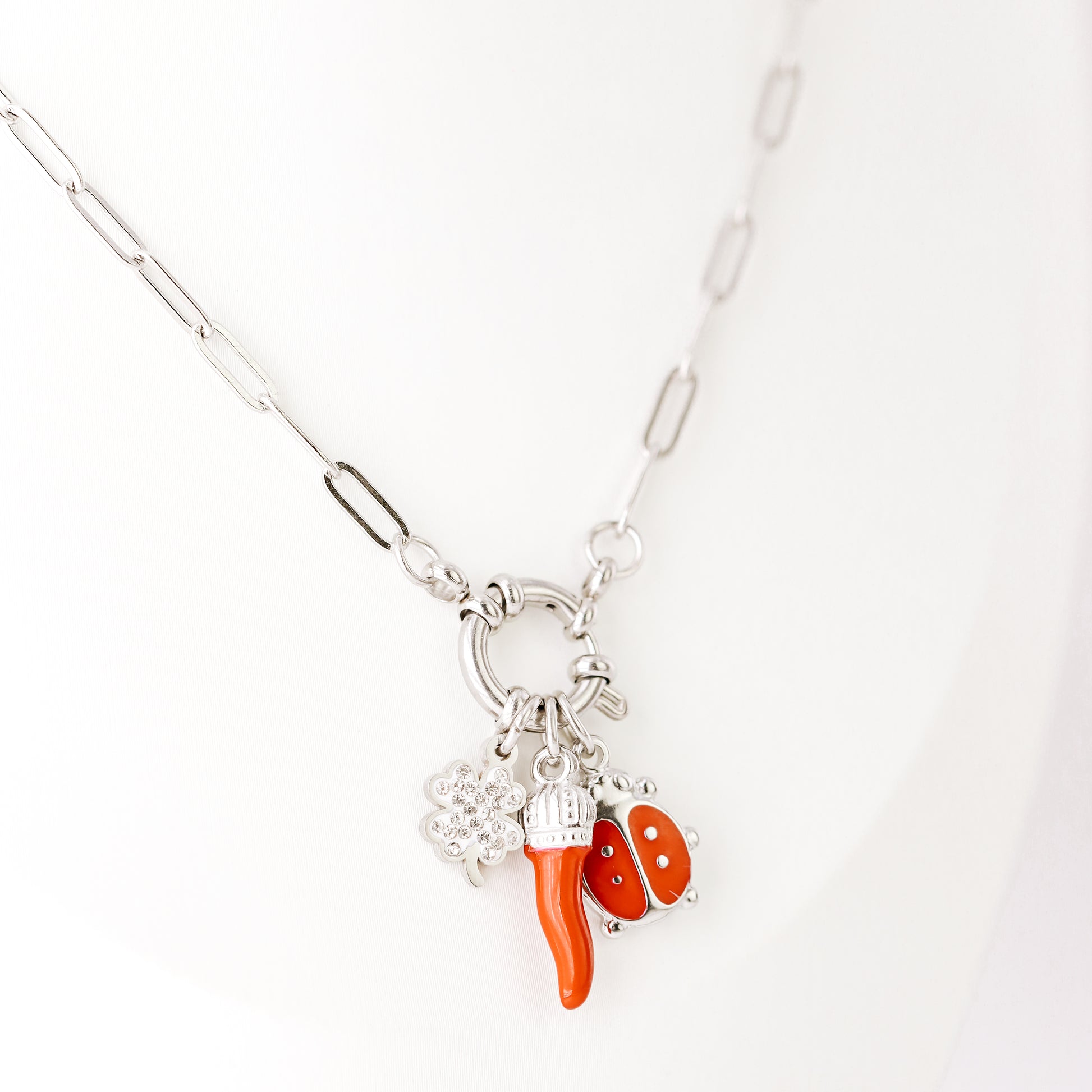 Italian Horn Necklace: Good Luck Clover, Ladybug Charm, Red Cornicello