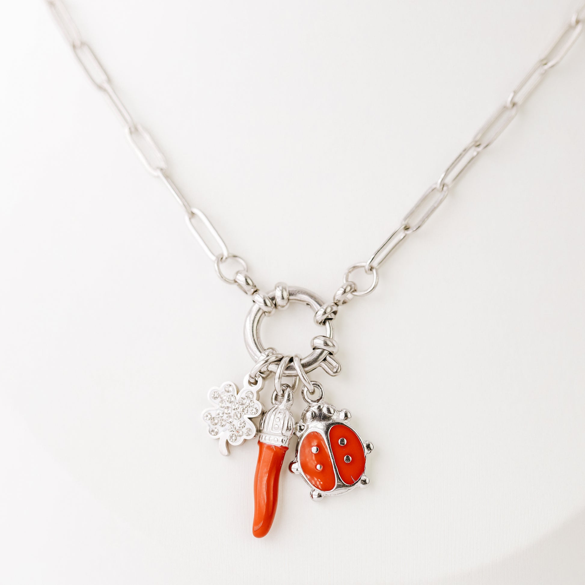 Italian Horn Necklace: Good Luck Clover, Ladybug Charm, Red Cornicello