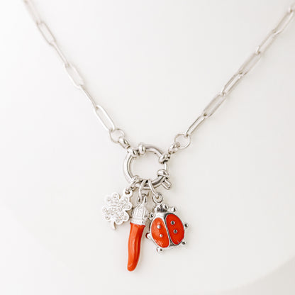 Italian Horn Necklace: Good Luck Clover, Ladybug Charm, Red Cornicello