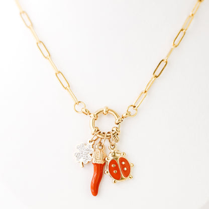 Portafortuna Italian Horn Necklace, Good Luck Charms, Red Cornicello, Ladybug, Clover, Cornetto Corno Amulet Gifts bySDMjewels