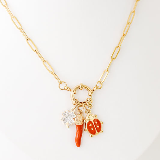 Italian Horn Necklace: Good Luck Clover, Ladybug Charm, Red Cornicello
