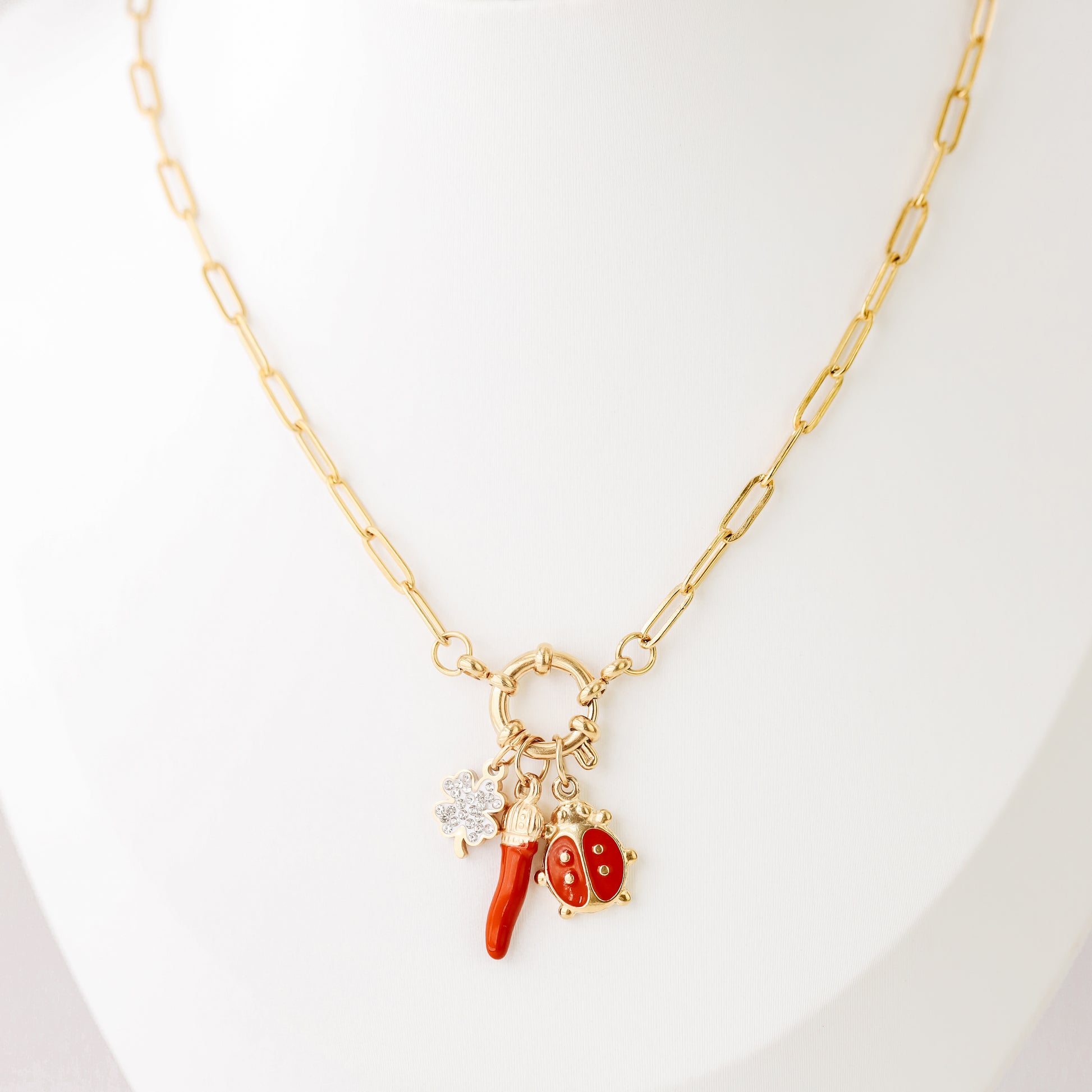Italian Horn Necklace: Good Luck Clover, Ladybug Charm, Red Cornicello