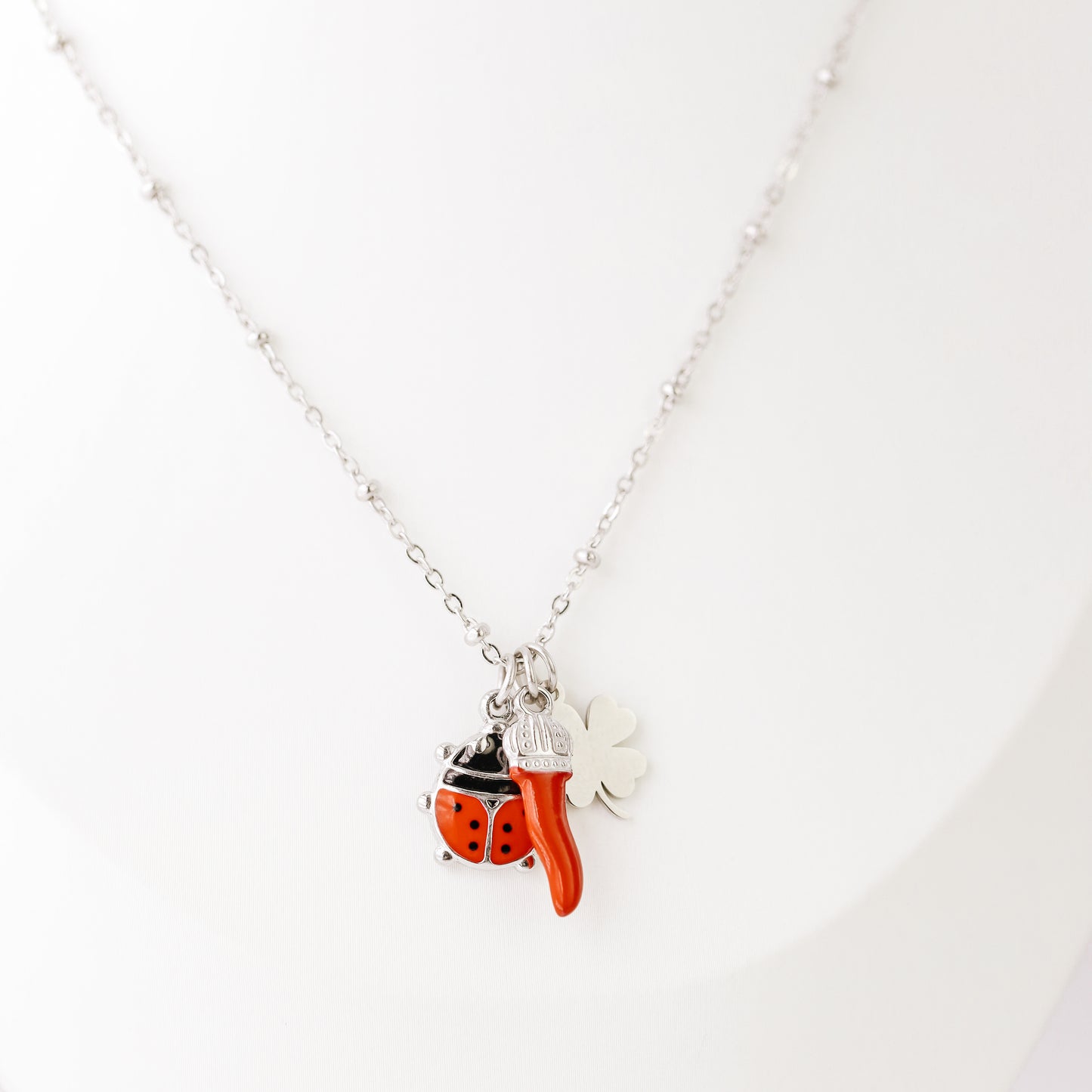 Italian Horn Necklace: Good Luck Clover, Ladybug, Cornicello Amulet